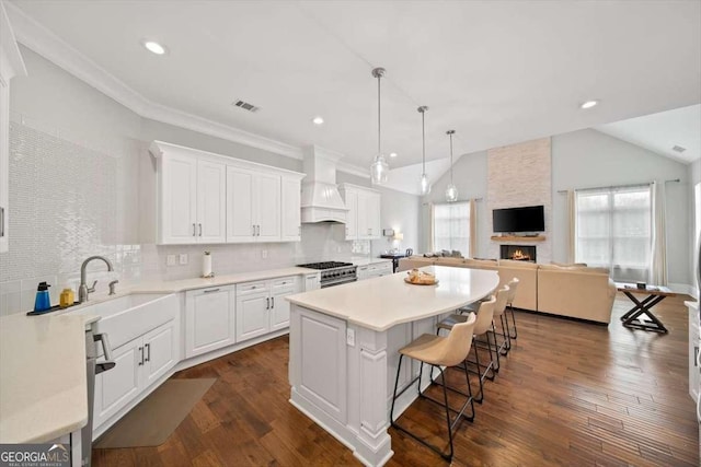 kitchen with high end stainless steel range oven, a center island, custom exhaust hood, and white cabinets