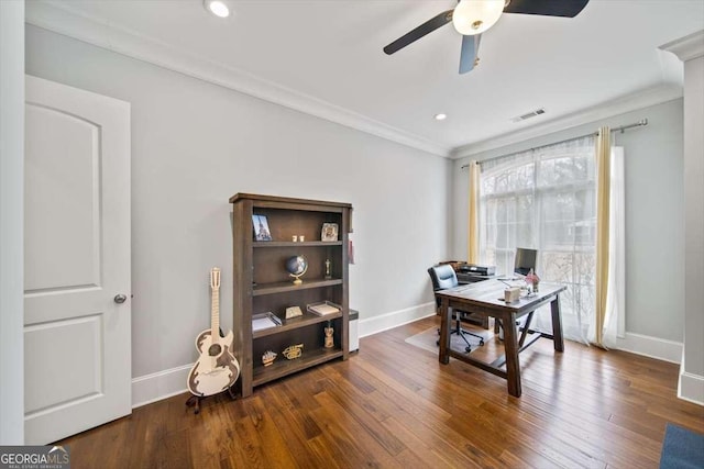 office area featuring dark wood-type flooring, ceiling fan, and ornamental molding