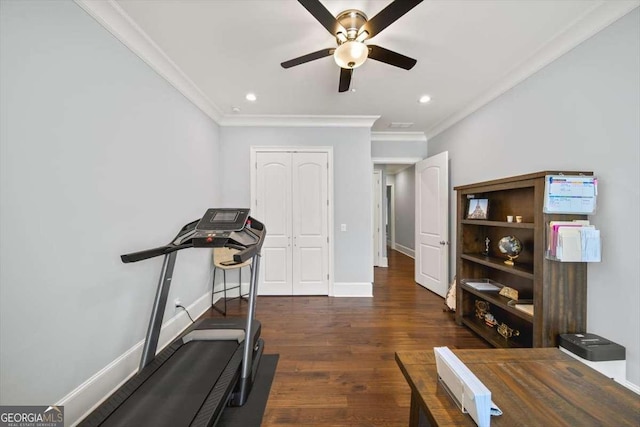 exercise room with crown molding, ceiling fan, and dark hardwood / wood-style flooring