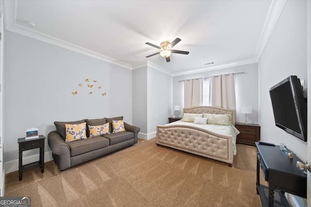 carpeted bedroom with crown molding and ceiling fan