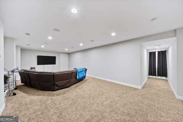 living room featuring light carpet