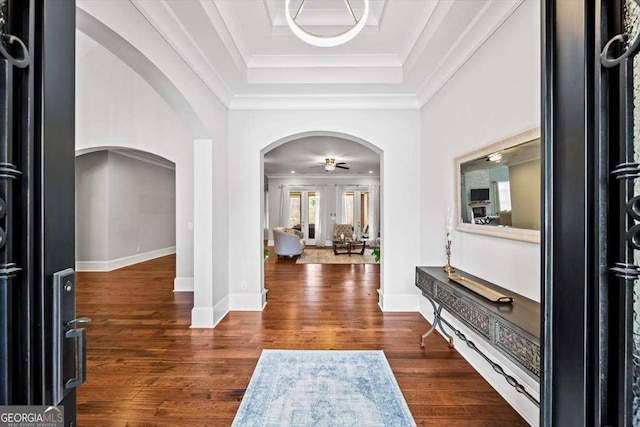 foyer entrance featuring crown molding, dark wood-type flooring, a raised ceiling, and ceiling fan