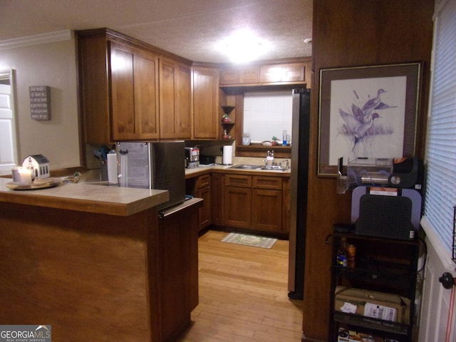 kitchen with crown molding, light hardwood / wood-style floors, and kitchen peninsula