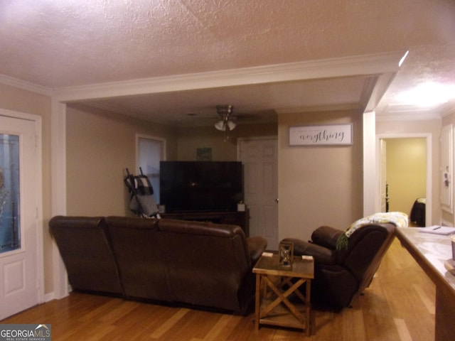 living room with wood-type flooring, ornamental molding, and a textured ceiling