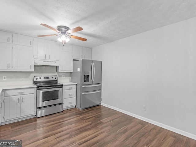 kitchen featuring a textured ceiling, appliances with stainless steel finishes, dark hardwood / wood-style flooring, ceiling fan, and white cabinets