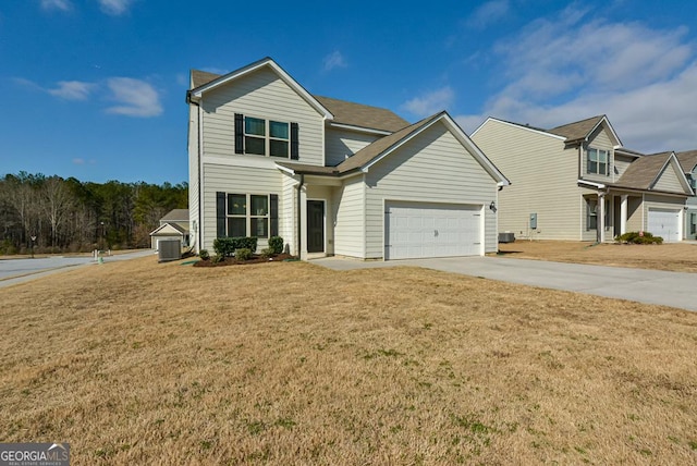 front of property with central AC, a garage, and a front lawn