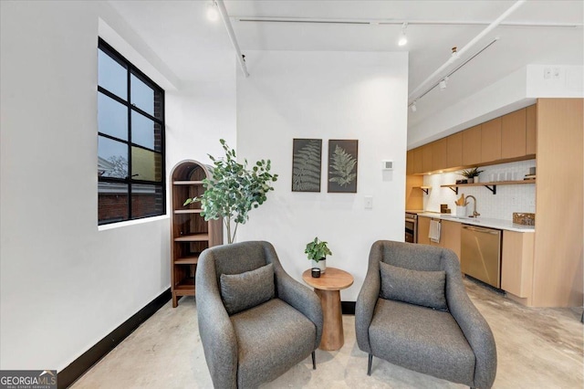 living area featuring sink, a towering ceiling, and track lighting