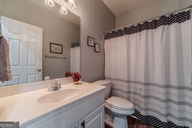 bathroom with vanity, hardwood / wood-style flooring, a shower with curtain, and toilet