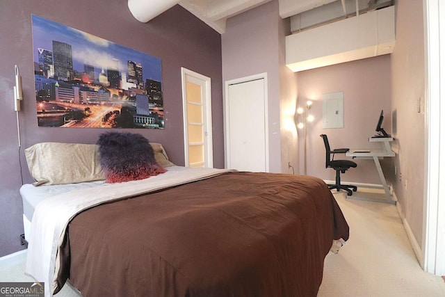 bedroom featuring electric panel and carpet