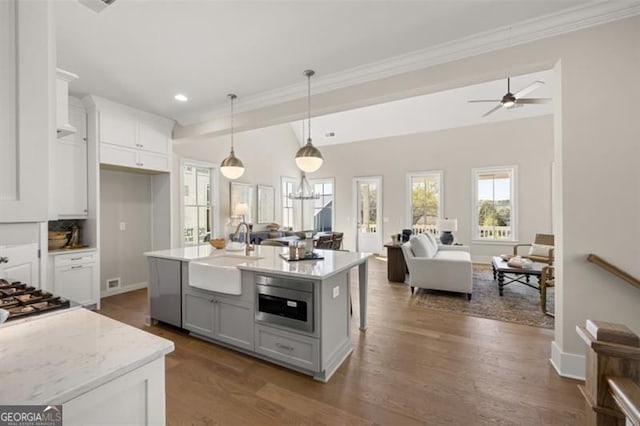 kitchen featuring open floor plan, dark wood-type flooring, a sink, and white cabinetry