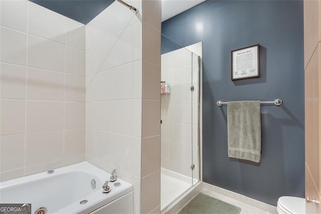 bathroom with separate shower and tub, tile patterned floors, and toilet