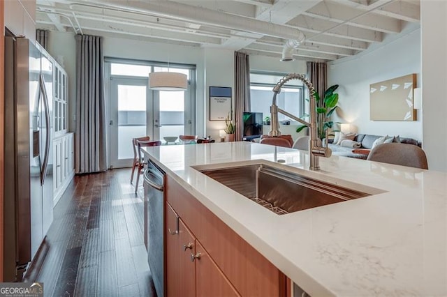 kitchen with stainless steel appliances, sink, dark wood-type flooring, and french doors