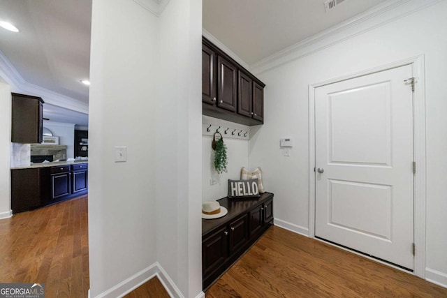 mudroom with ornamental molding and dark wood-type flooring