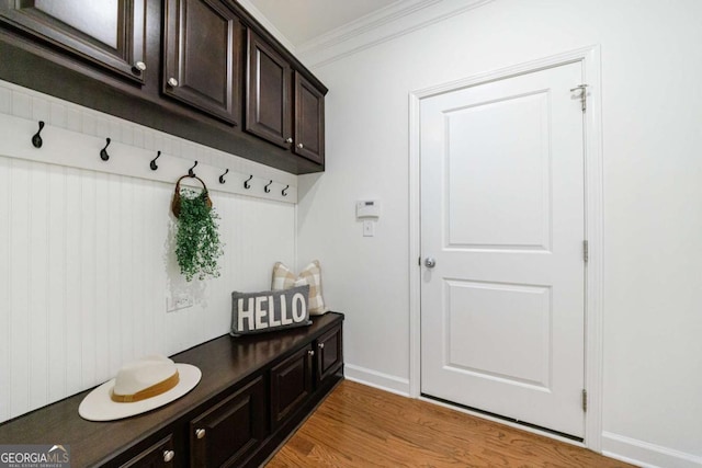 mudroom with crown molding and light wood-type flooring