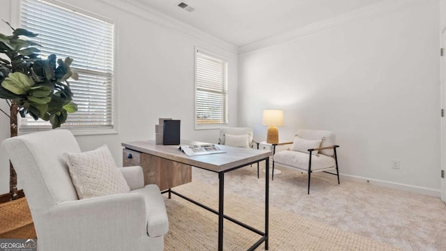 home office with ornamental molding, light carpet, and plenty of natural light