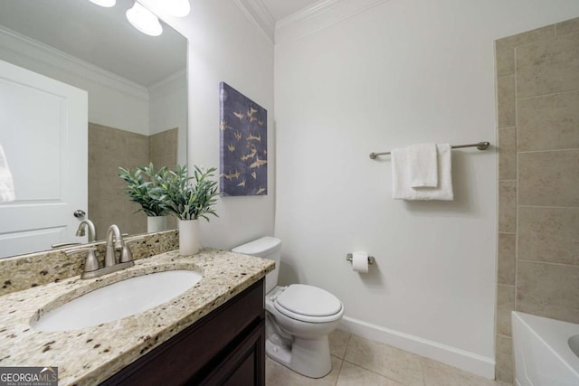 full bathroom with plus walk in shower, ornamental molding, vanity, toilet, and tile patterned floors