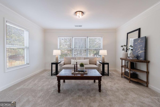 living room featuring light colored carpet and ornamental molding