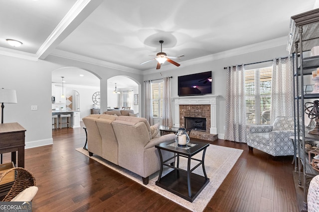 living room with crown molding, plenty of natural light, dark wood-type flooring, and a fireplace