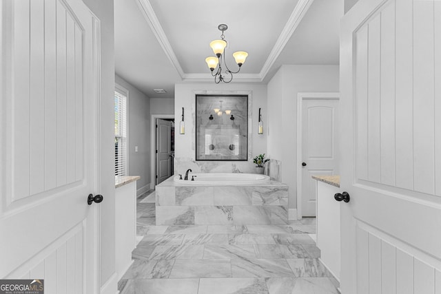 bathroom featuring crown molding, a chandelier, and separate shower and tub