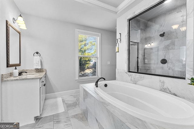 bathroom with plus walk in shower, ornamental molding, and vanity