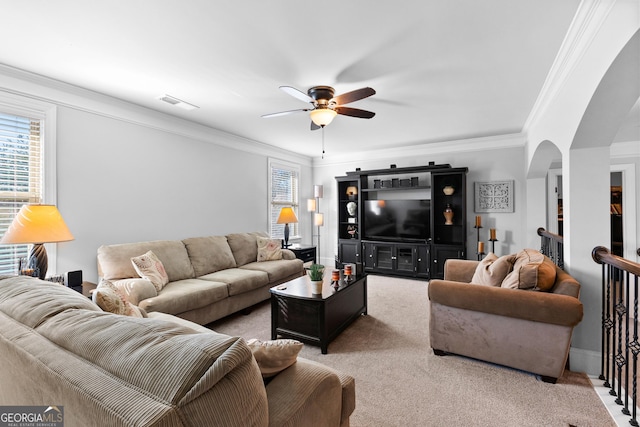 carpeted living room featuring crown molding, ceiling fan, and a wealth of natural light