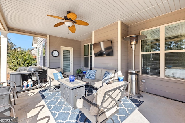 view of patio / terrace featuring ceiling fan and an outdoor hangout area