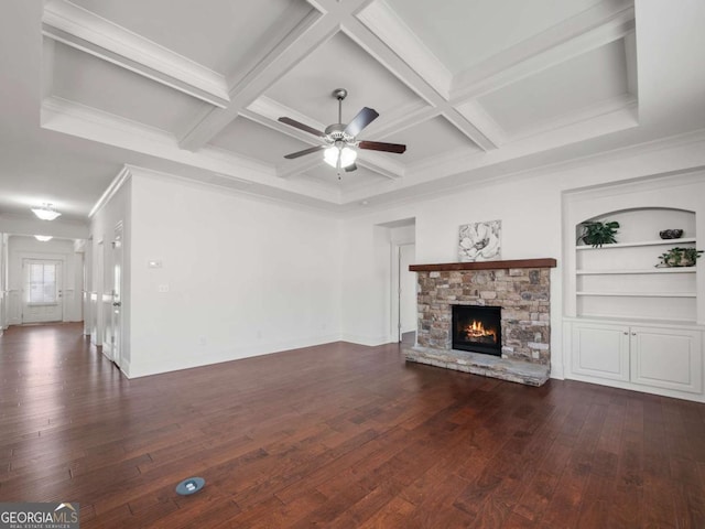 unfurnished living room with dark hardwood / wood-style flooring, a fireplace, and coffered ceiling