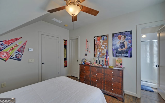 bedroom with wood-type flooring and ceiling fan