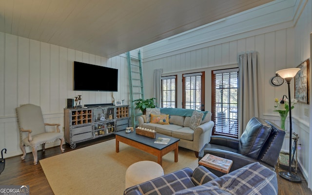 living room with wood ceiling and dark wood-type flooring