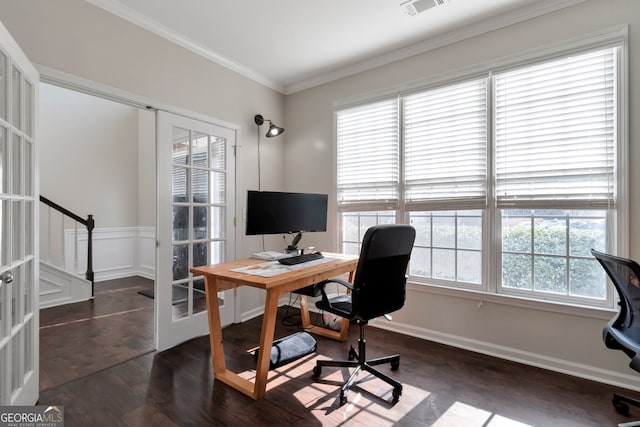 home office with dark hardwood / wood-style floors, ornamental molding, and french doors