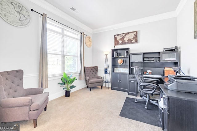 office area with ornamental molding and light carpet