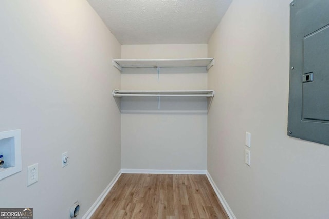 laundry area featuring light hardwood / wood-style flooring, hookup for a washing machine, electric panel, a textured ceiling, and hookup for an electric dryer