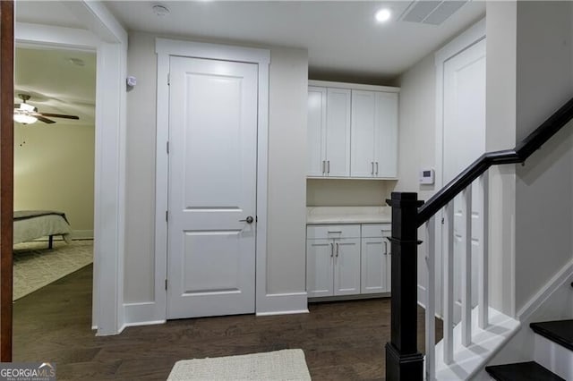 interior space featuring dark hardwood / wood-style floors, white cabinets, and ceiling fan