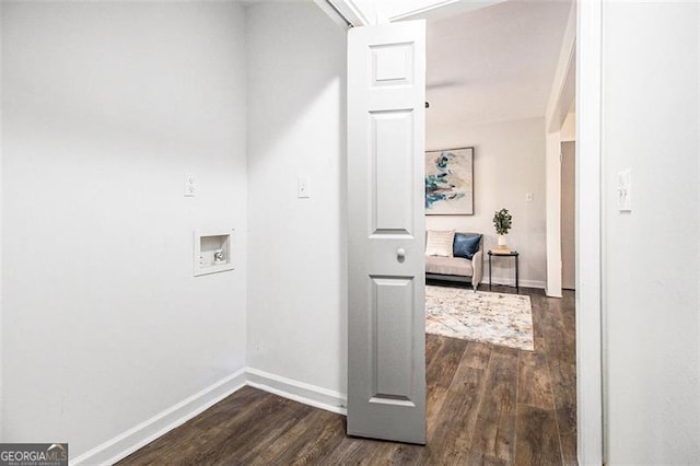 clothes washing area with hookup for a washing machine and dark hardwood / wood-style floors