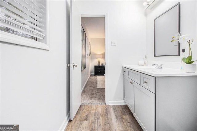 bathroom with vanity and wood-type flooring