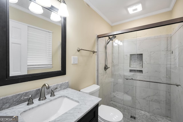 105 Skyline Dr, Barnesville, GA 30204 - bathroom featuring toilet, a shower stall, ornamental molding, and vanity