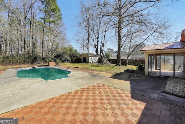 105 Skyline Dr, Barnesville, GA 30204 - view of swimming pool with a fenced in pool, a patio, fence, a yard, and an outdoor structure