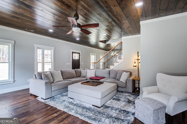 living room with wooden ceiling, recessed lighting, baseboards, stairway, and dark wood finished floors