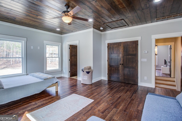 bedroom with baseboards, wooden ceiling, wood-type flooring, a closet, and recessed lighting