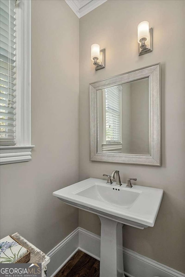 bathroom with plenty of natural light, wood finished floors, baseboards, and ornamental molding