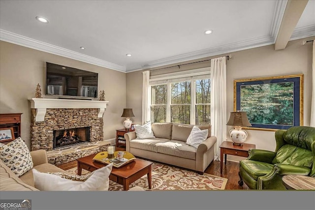 living room with wood-type flooring, a stone fireplace, and ornamental molding