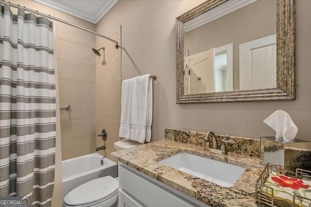 bathroom with shower / bath combination with curtain, crown molding, vanity, and toilet