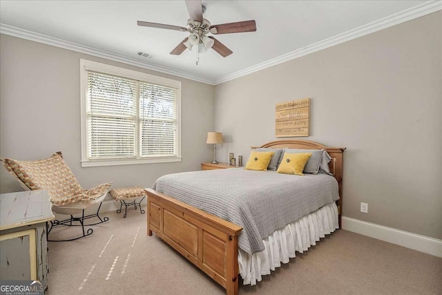bedroom featuring ceiling fan, light carpet, baseboards, ornamental molding, and visible vents