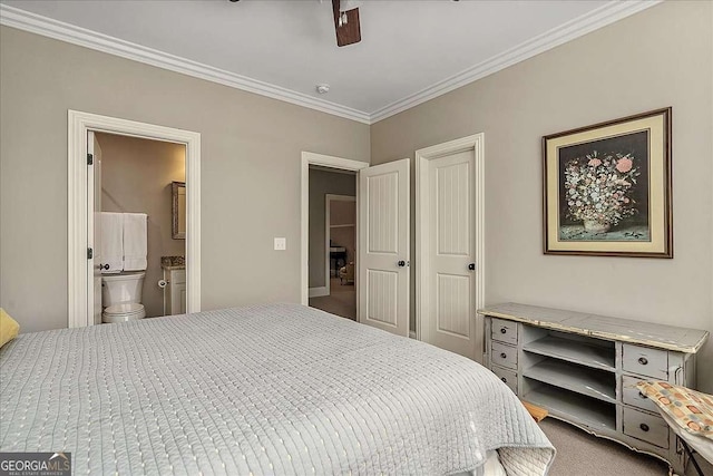 bedroom with carpet flooring, a ceiling fan, ornamental molding, and connected bathroom