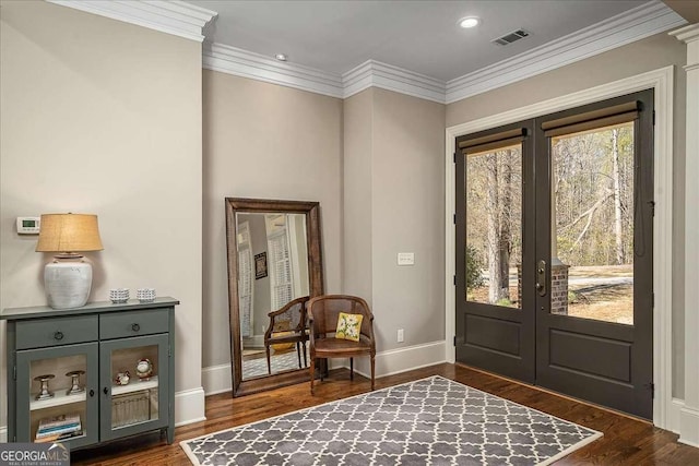 entryway with dark wood-style floors, baseboards, french doors, and visible vents