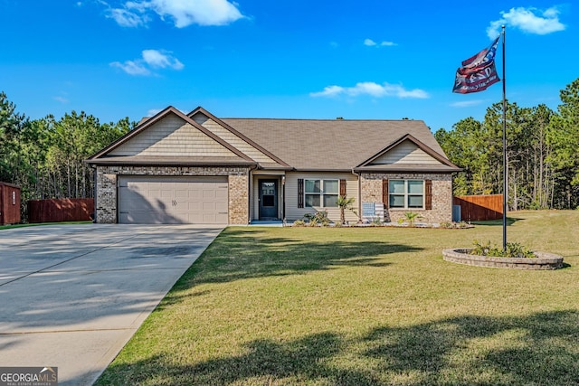 ranch-style home featuring a garage and a front lawn