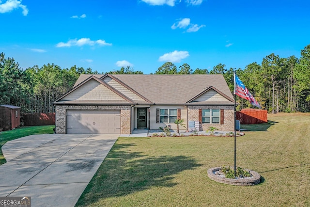 single story home with a garage and a front lawn