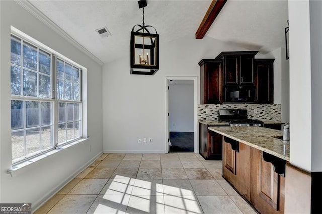 kitchen with tasteful backsplash, lofted ceiling with beams, hanging light fixtures, stainless steel stove, and light stone countertops