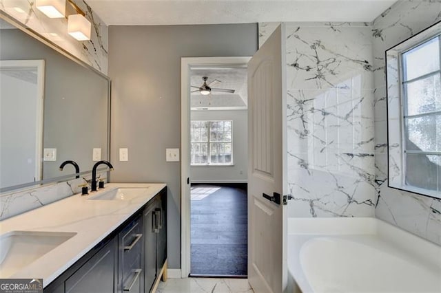 bathroom with vanity, a bath, and a healthy amount of sunlight