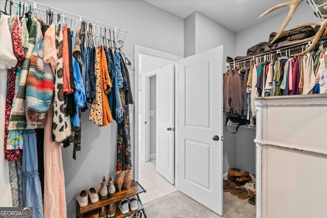 spacious closet with light colored carpet